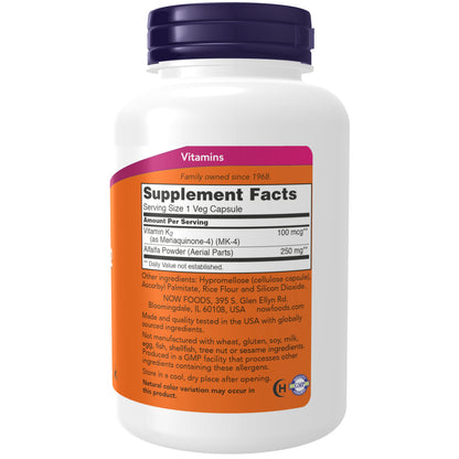 NOW Supplements, Vitamin K-2 100 mcg, Menaquinone-4 (MK-4), Supports Bone Health*, 250 Veg Capsules