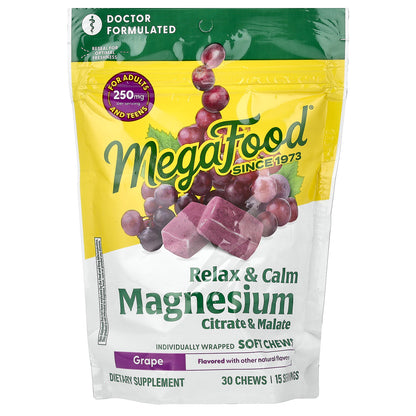 MegaFood, Magnesium, Citrate & Malate, Grape, 30 Individually Wrapped Soft Chews (125 mg per Chew)