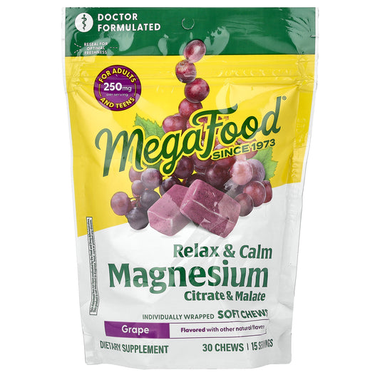 MegaFood, Magnesium, Citrate & Malate, Grape, 30 Individually Wrapped Soft Chews (125 mg per Chew)