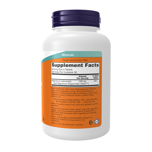 NOW Supplements, Magnesium Glycinate 100 mg, Highly Absorbable Form, 180 Tablets
