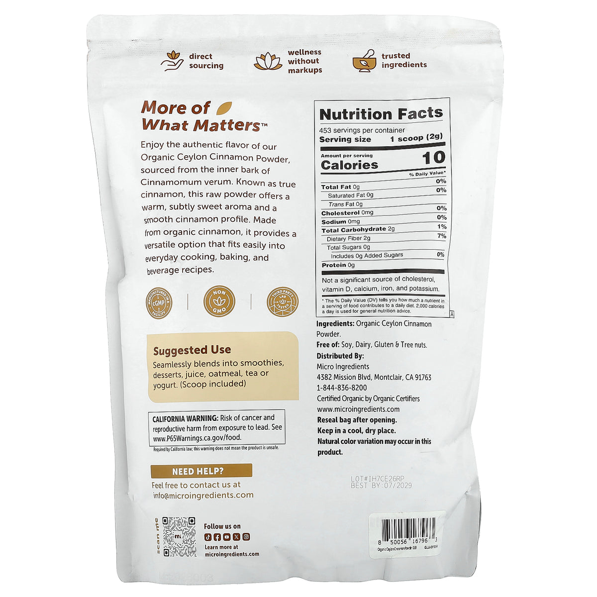 Micro Ingredients, Organic Ceylon Cinnamon Powder, 2 lb (907 g)