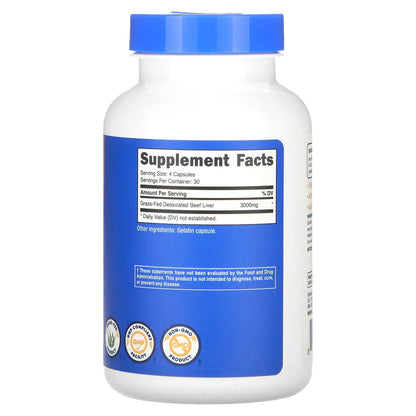 Nutricost, Grass-Fed Desiccated Beef Liver, 120 Capsules (750 mg per Capsule)