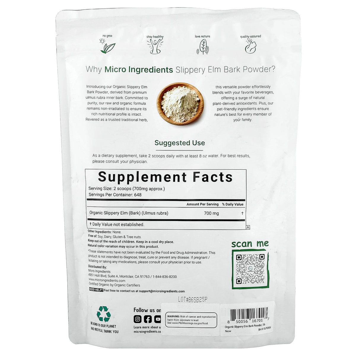 Micro Ingredients, Organic Slippery Elm Bark Powder , 1 lb (454 g)