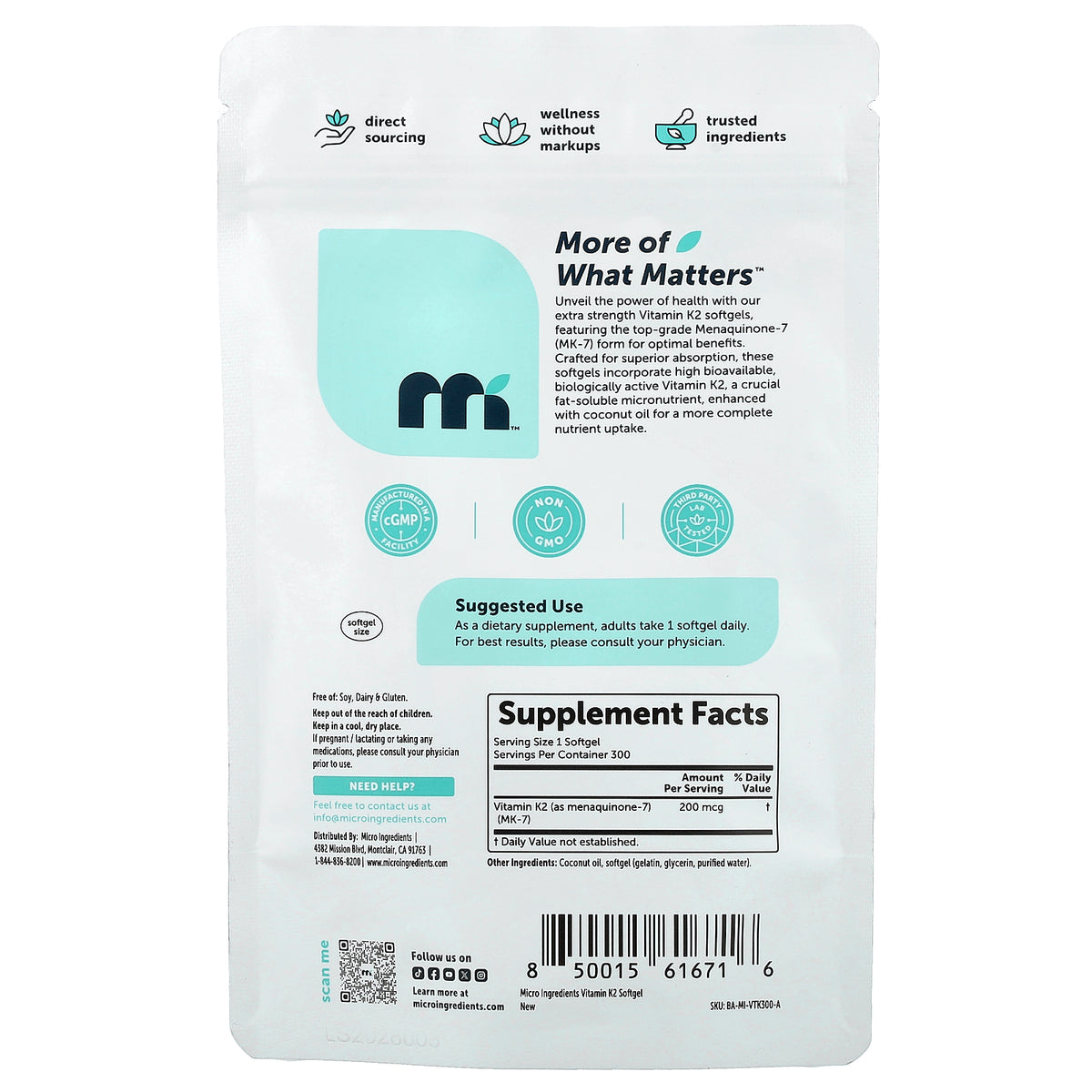 Micro Ingredients, Vitamin K2, MK-7, 200 mcg, 300 Softgels