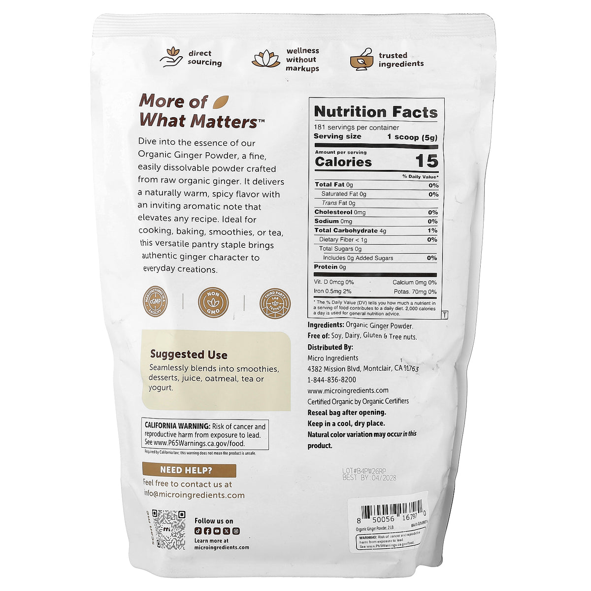 Micro Ingredients, Organic Ginger Powder, 2 lbs (907 g)