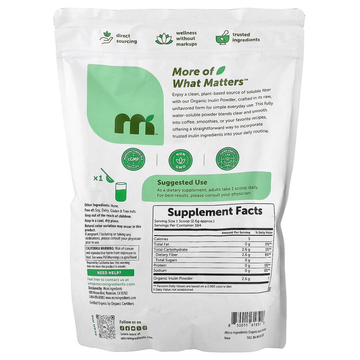 Micro Ingredients, Organic Inulin Powder, Unflavored, 35.2 oz (1 kg)
