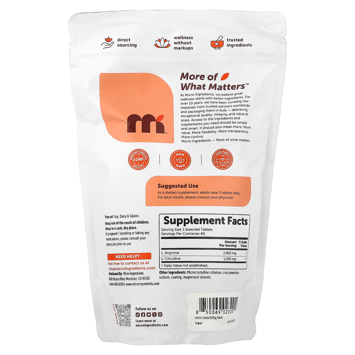 Micro Ingredients, Nitric Oxide+, 240 Bisected Tablets