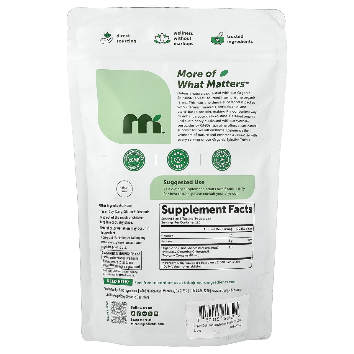 Micro Ingredients, Organic Spirulina, 720 Tablets (500 mg per Tablet)