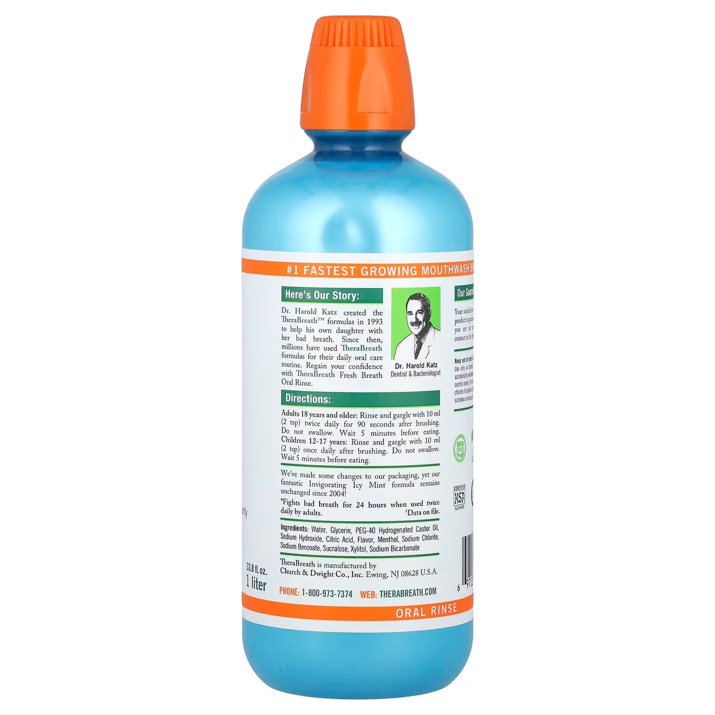 TheraBreath, Fresh Breath Oral Rinse, Invigorating Icy Mint, 33.8 fl oz (1 l)