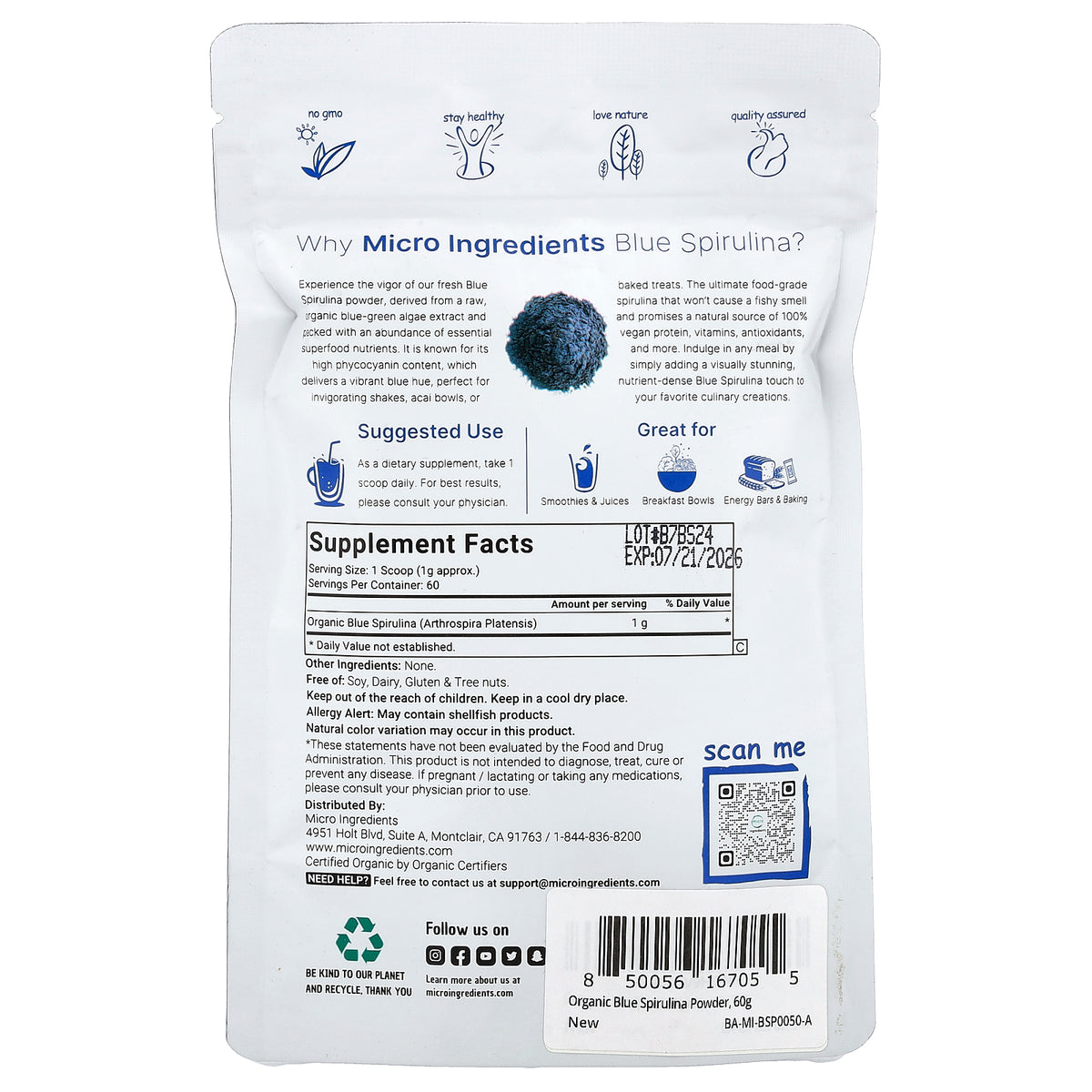 Micro Ingredients, Organic Blue Spirulina, 2 oz (60 g)