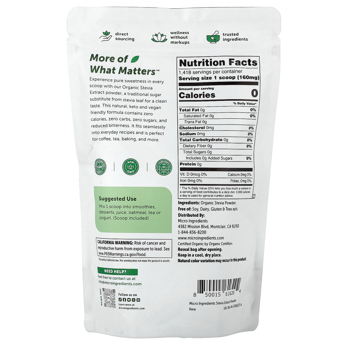 Micro Ingredients, Organic Stevia Extract Powder, 8 oz (227 g)