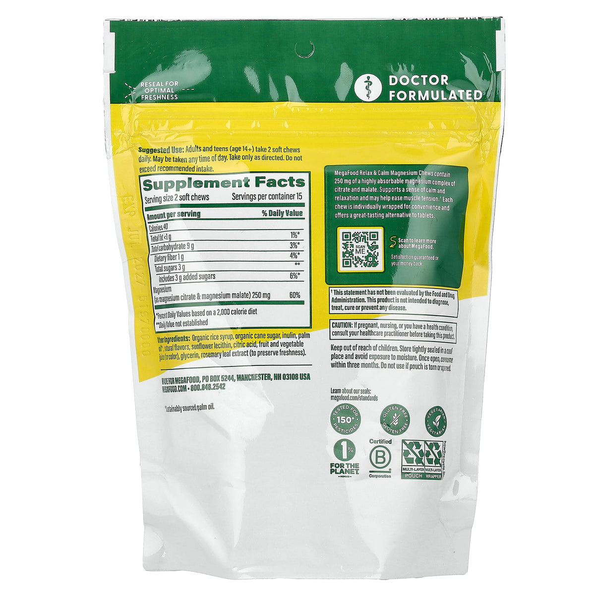 MegaFood, Magnesium, Citrate & Malate, Grape, 30 Individually Wrapped Soft Chews (125 mg per Chew)