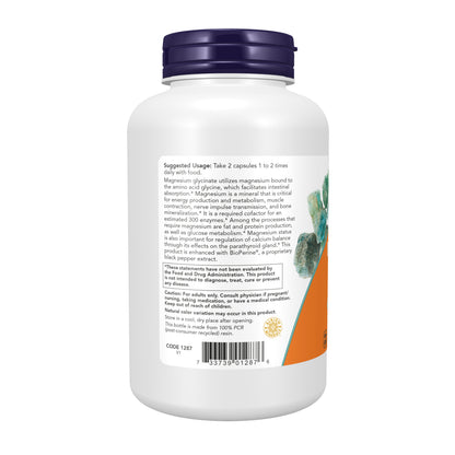 NOW Supplements, Magnesium Glycinate with BioPerine, 180 Veg Capsules