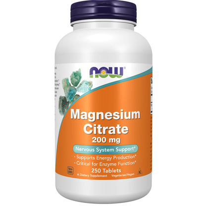 NOW Supplements, Magnesium Citrate 200 mg, Enzyme Function*, Nervous System Support*, 250 Tablets