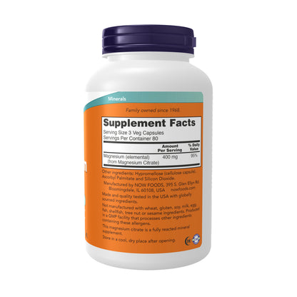 NOW Supplements, Magnesium Citrate, Enzyme Function*, Nervous System Support*, 240 Veg Capsules