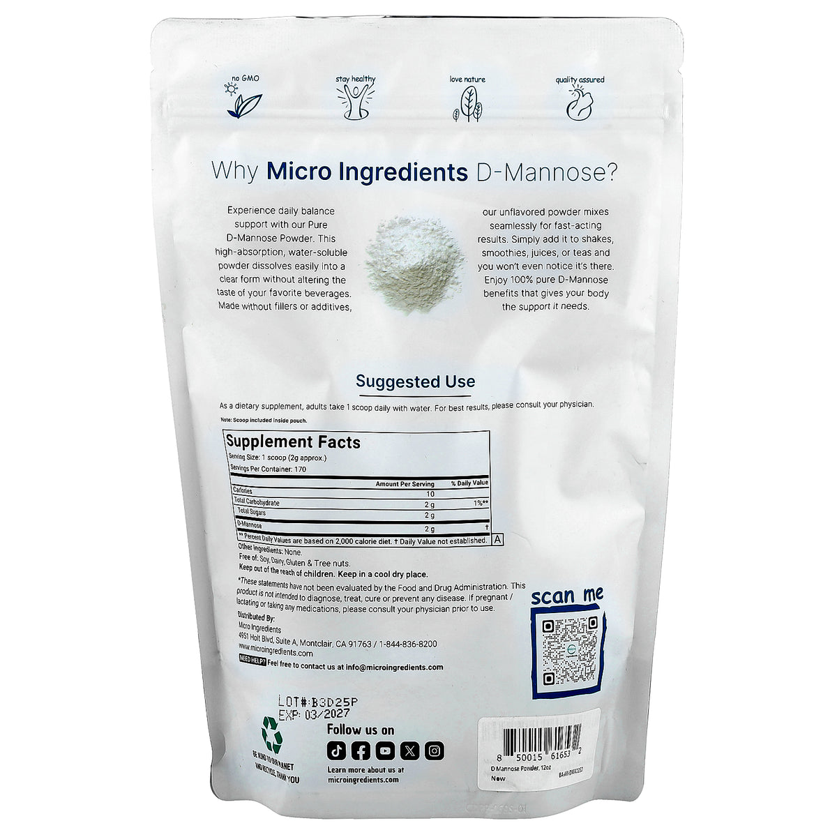 Micro Ingredients, D-Mannose Powder, 12 oz (340 g)