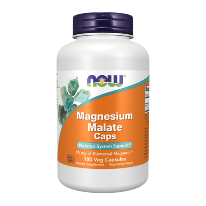 NOW Supplements, Magnesium Malate Caps with 95 mg of Elemental Magnesium, Nervous System Support*, 180 Veg Capsules