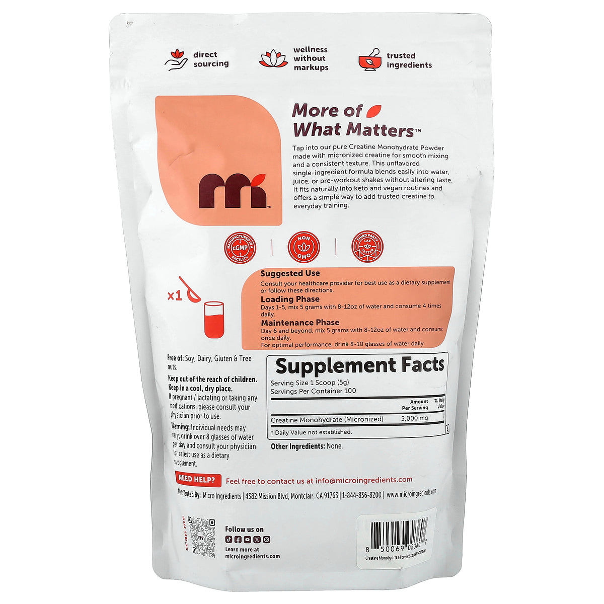 Micro Ingredients, Creatine Monohydrate Powder, Unflavored, 1.1 lb (500 g)