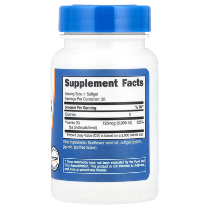 Nutricost, Vitamin D3, 125 mcg (5,000 IU), 30 Softgels