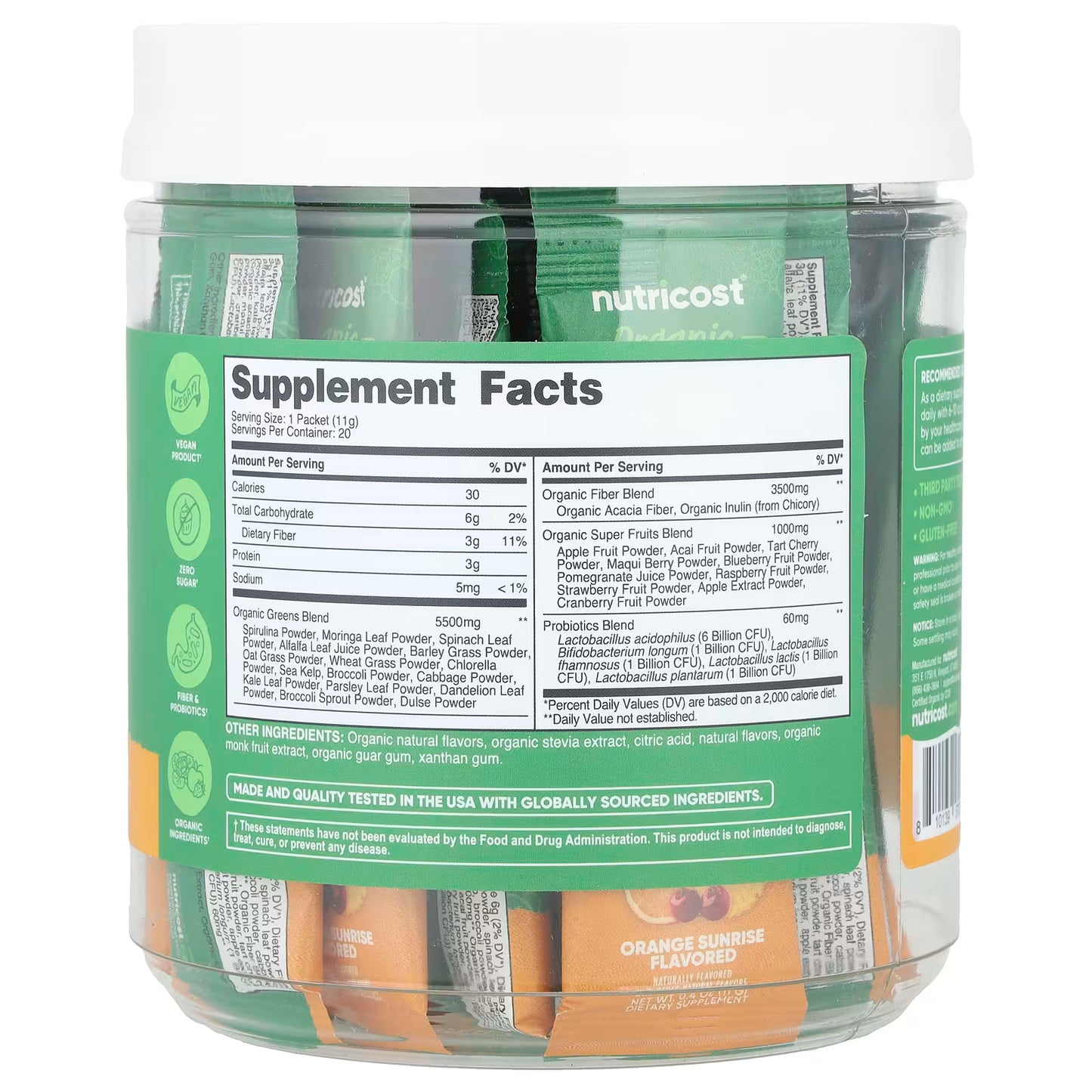 Nutricost, Organic Super Greens, Orange Sunrise, 20 Stick Packs, 0.4 oz (11 g) Each