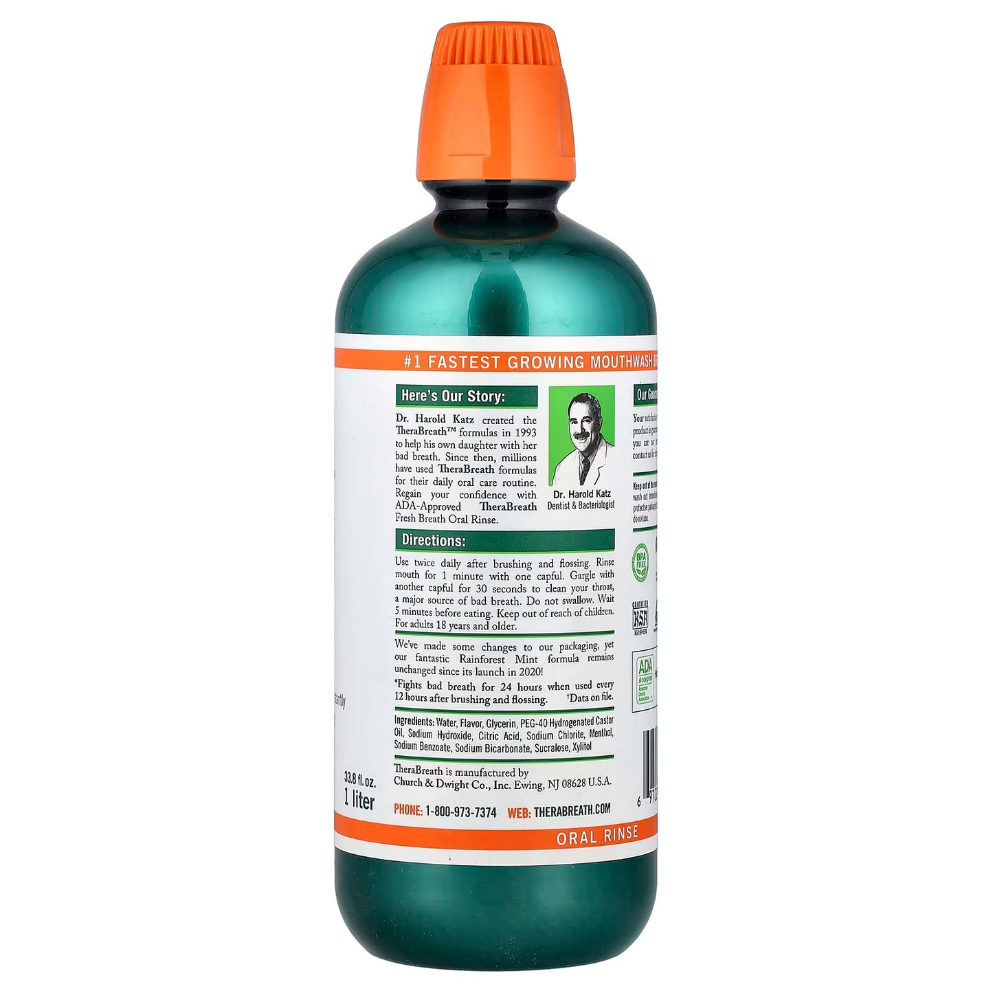 TheraBreath, Fresh Breath Oral Rinse, Rainforest Mint, 33.8 fl oz (1 l)