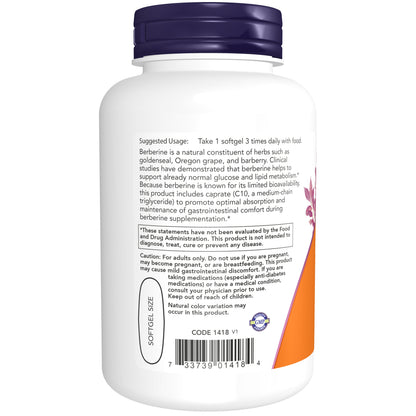 NOW Supplements, Berberine Glucose Support, Combined with MCT Oil for Optimal Berberine Absorption, 90 Softgels