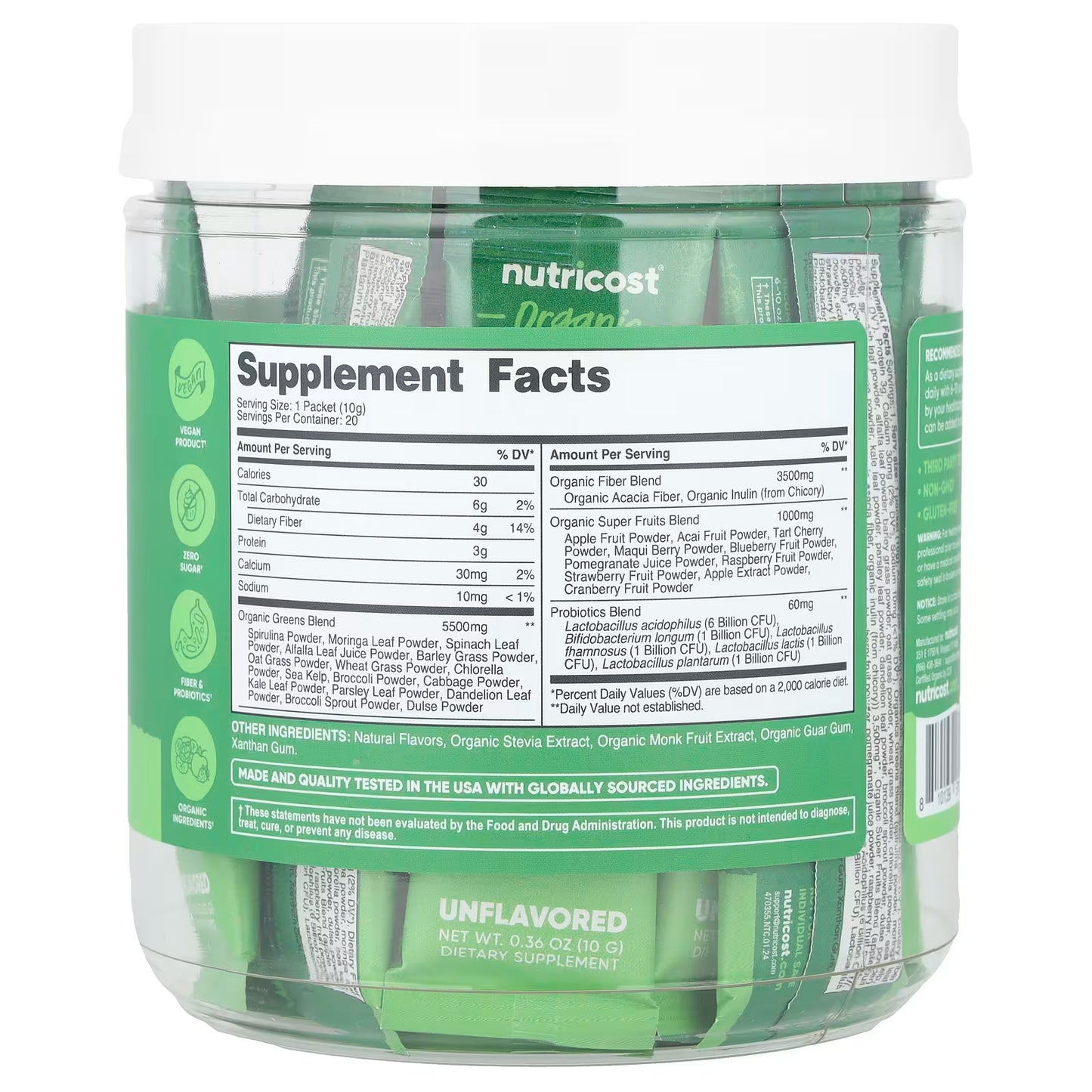 Nutricost, Organic Super Greens, Unflavored, 20 Stick Packs, 0.36 oz (10 g) Each