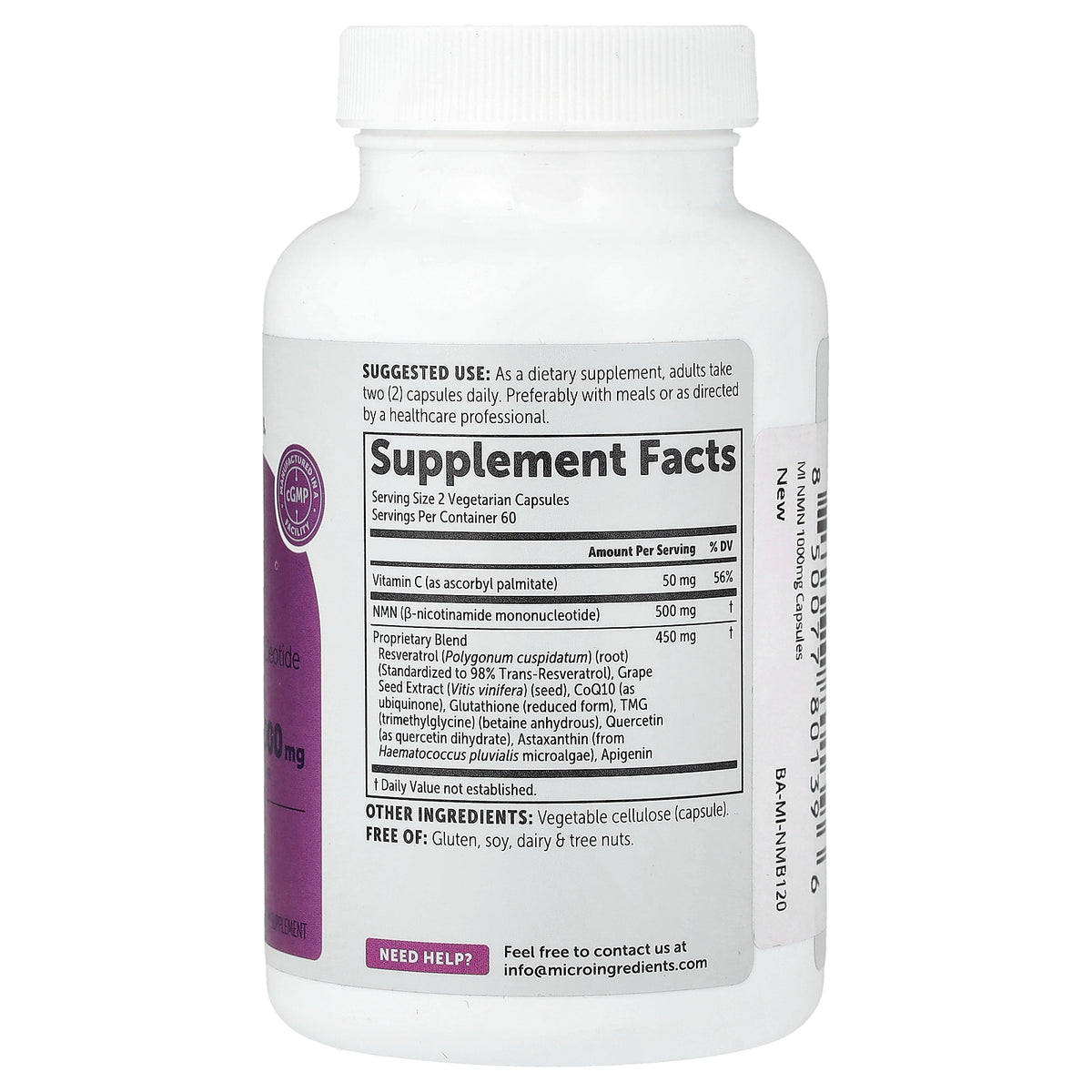 Micro Ingredients, NMN, 120 Vegetarian Capsules