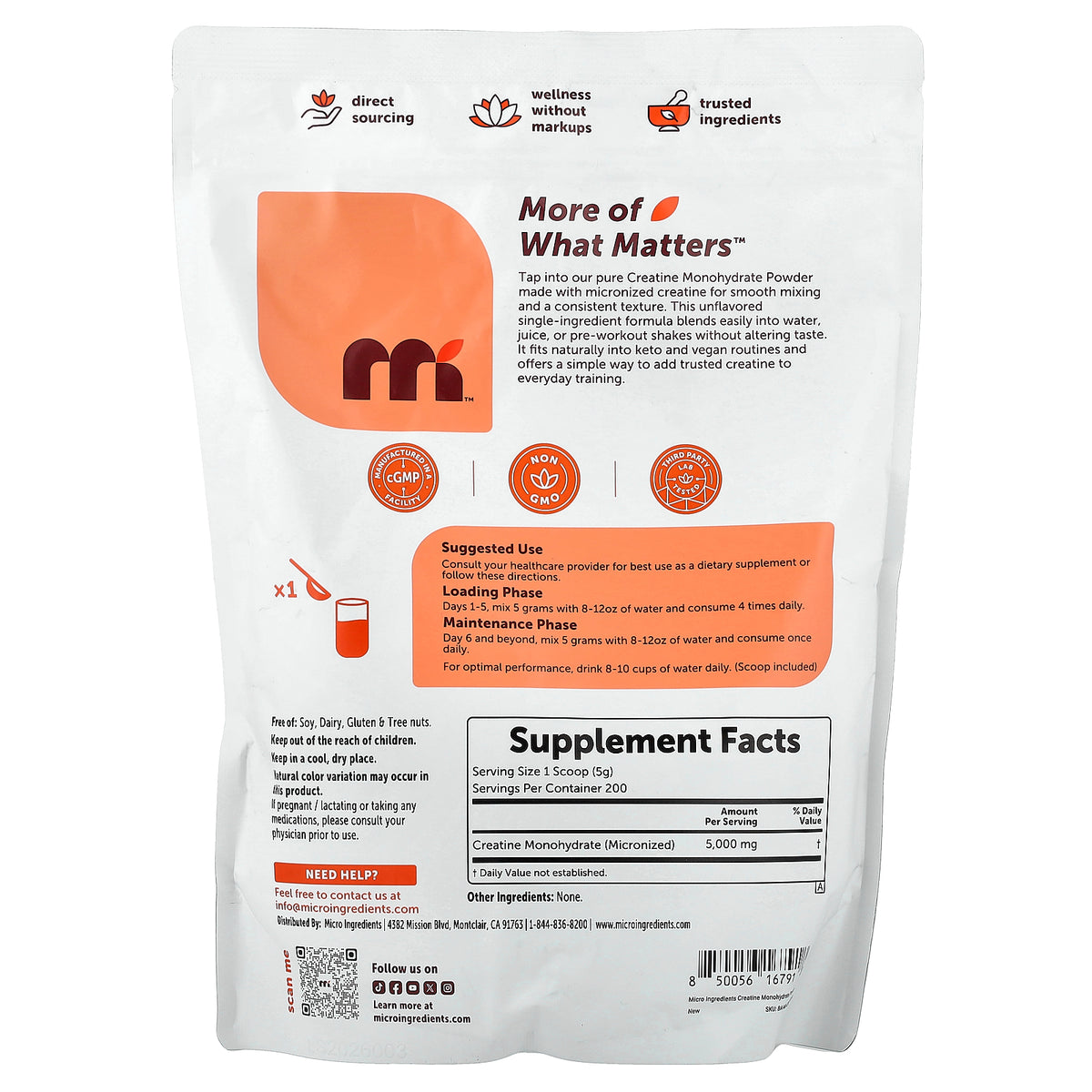 Micro Ingredients, Creatine Monohydrate Powder, Unflavored, 2.2 lb (1 kg)