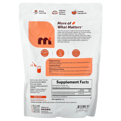 Micro Ingredients, Creatine Monohydrate Powder, Unflavored, 2.2 lb (1 kg)