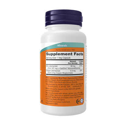 NOW Supplements, L-OptiZinc® 30 mg with Copper, 100 Veg Caps