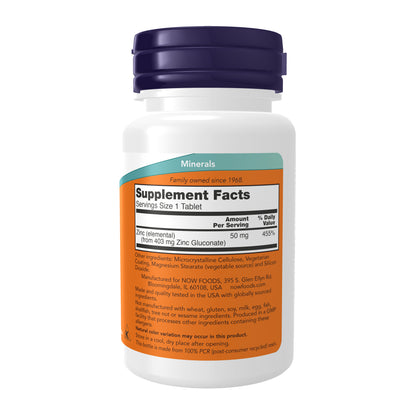 NOW Supplements, Zinc (Zinc Gluconate) 50 mg, Supports Enzyme Functions*, Immune Support*, 100 Tablets