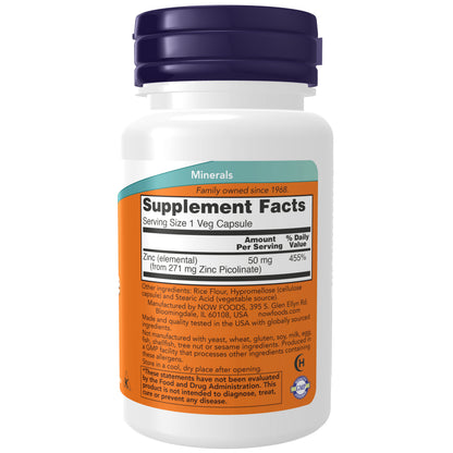 NOW Supplements, Zinc Picolinate 50 mg, Supports Enzyme Functions*, Immune Support*, 30 Veg Capsules