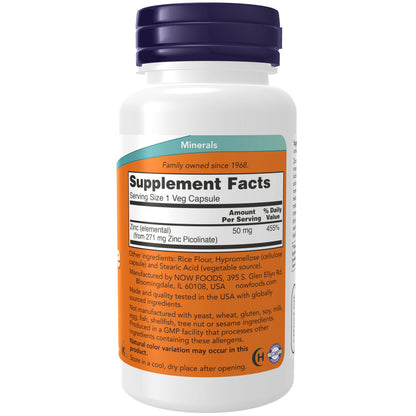 NOW Supplements, Zinc Picolinate 50 mg, Immune Support*, 120 Veg Caps