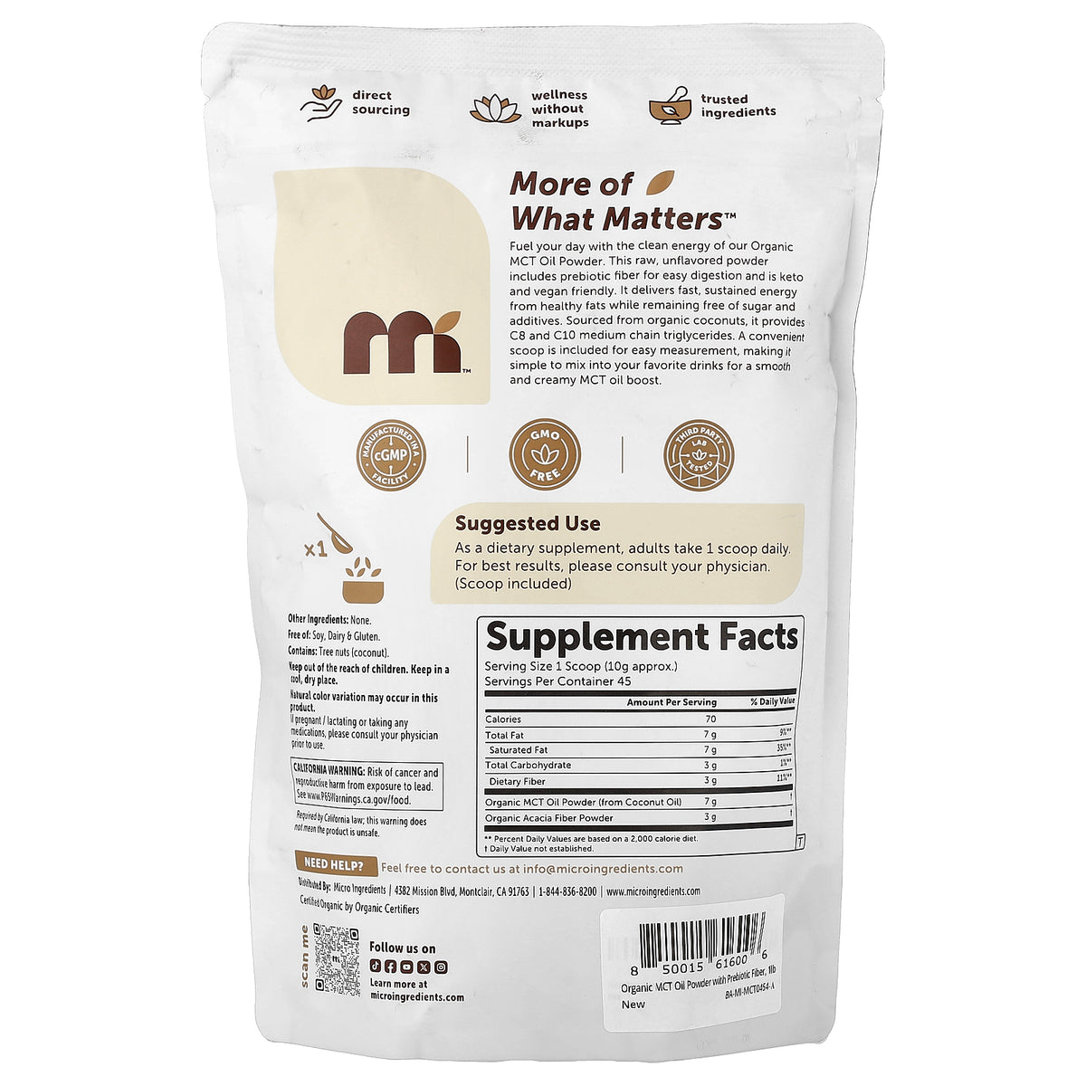 Micro Ingredients, Organic MCT Oil Powder with Prebiotic Fiber, 1 lb (454 g)