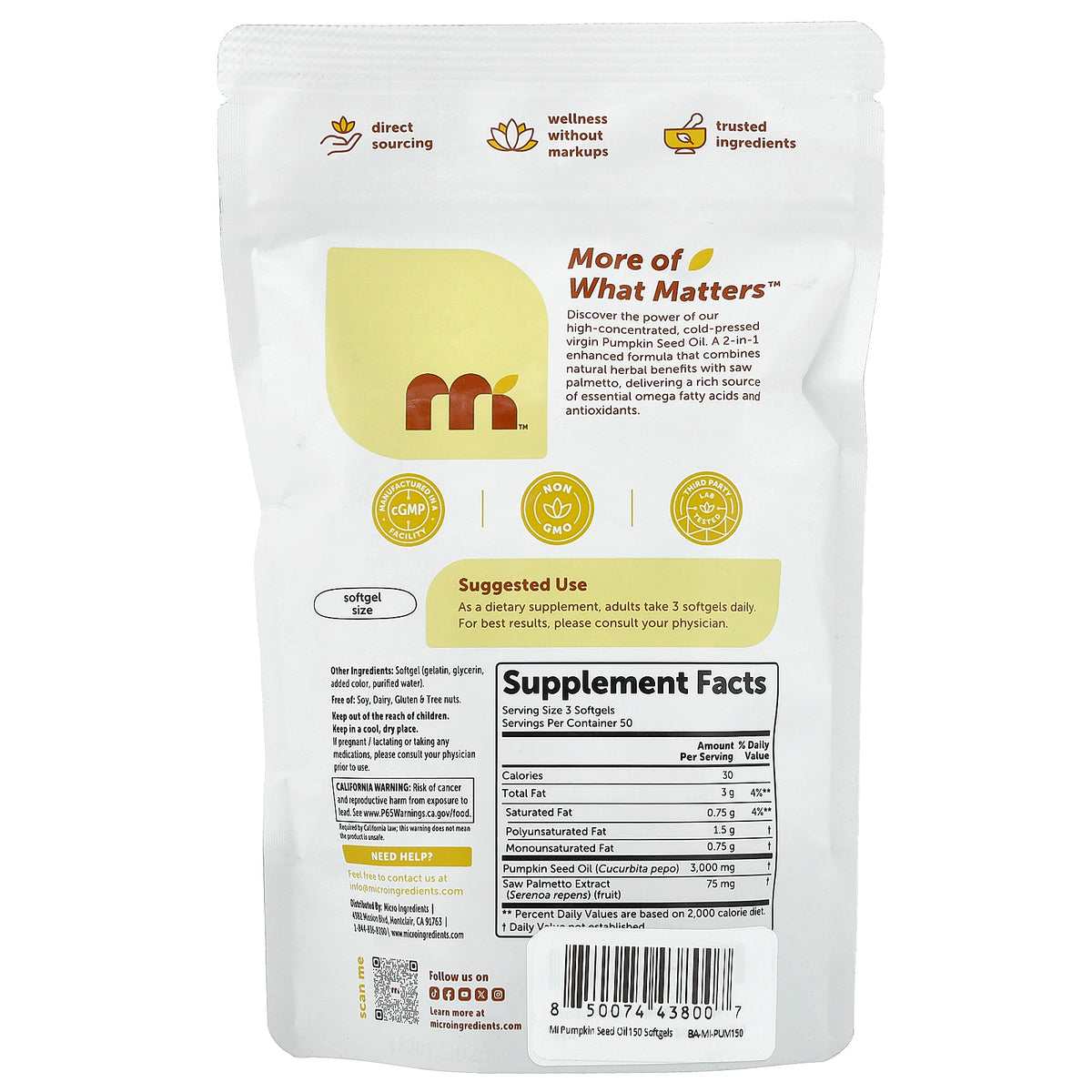 Micro Ingredients, Pumpkin Seed Oil with Saw Palmetto, 150 Softgels