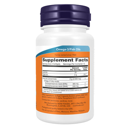 NOW Supplements, Omega-3 180 EPA / 120 DHA, Molecularly Distilled, Cardiovascular Support*, 30 Softgels