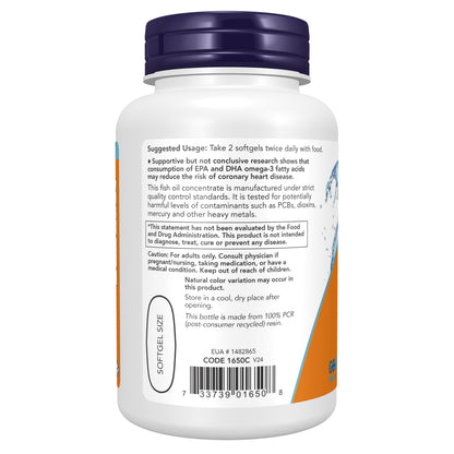 NOW Supplements, Omega-3 180 EPA / 120 DHA, Molecularly Distilled, Cardiovascular Support*, 100 Softgels