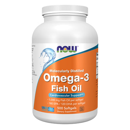 NOW Supplements, Omega-3 180 EPA / 120 DHA, Molecularly Distilled, Cardiovascular Support*, 500 Softgels
