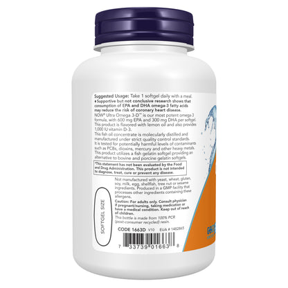 NOW Supplements, Ultra Omega 3-D™, Omega-3 Fish Oil + Vitamin D-3, Cardiovascular Support*, 90 Softgels