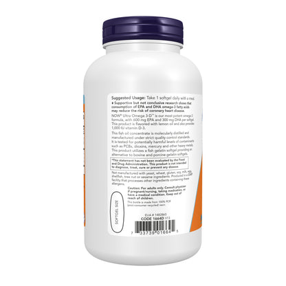 NOW Supplements, Ultra Omega 3-D™, Omega-3 Fish Oil + Vitamin D-3, Cardiovascular Support*, 180 Softgels