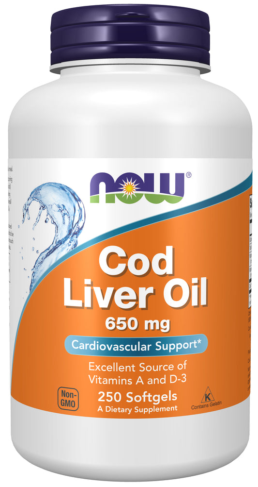 NOW Supplements, Cod Liver Oil 650 mg, Excellent Source of Vitamins A and D-3, 250 Softgels