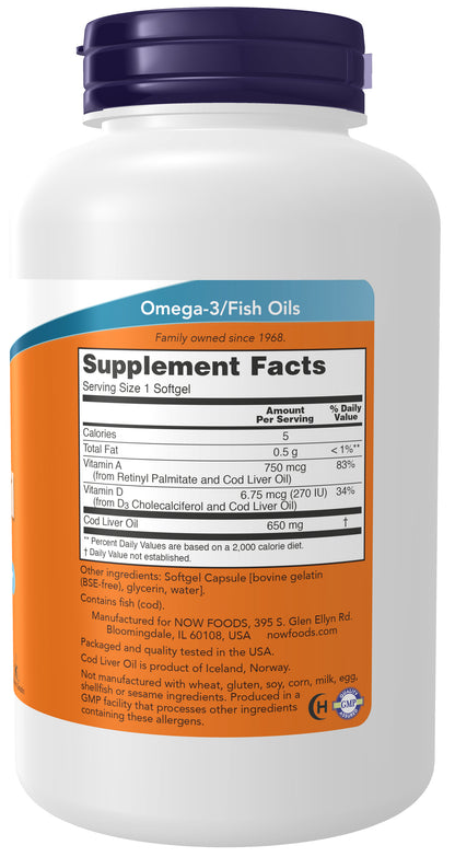 NOW Supplements, Cod Liver Oil 650 mg, Excellent Source of Vitamins A and D-3, 250 Softgels