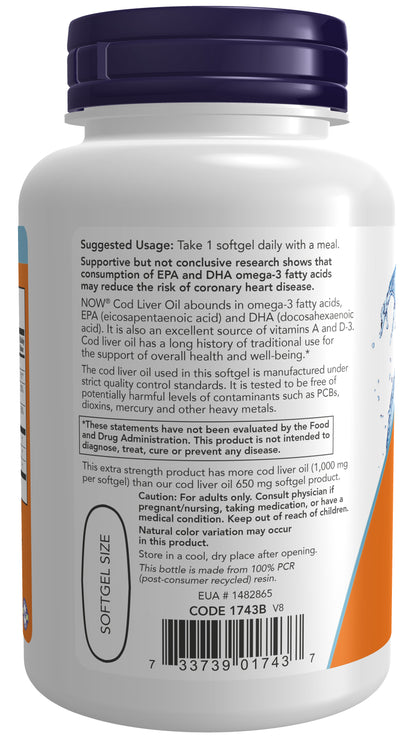 NOW Supplements, Cod Liver Oil, Extra Strength 1,000 mg with Vitamins A & D-3, EPA, DHA, 90 Softgels