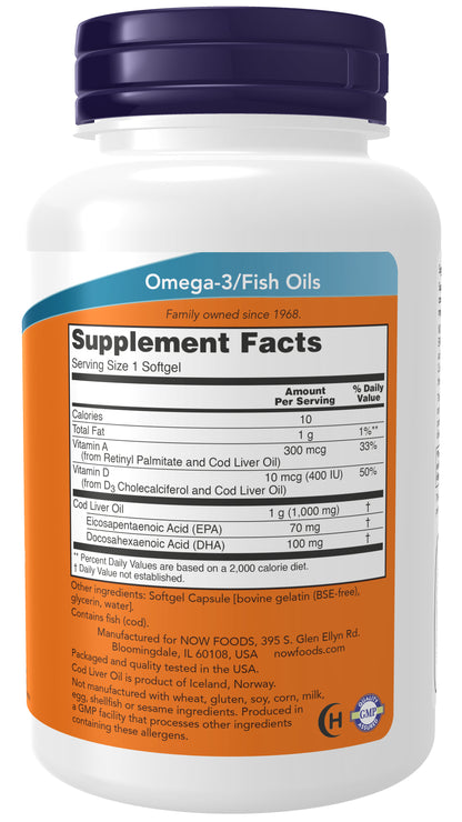 NOW Supplements, Cod Liver Oil, Extra Strength 1,000 mg with Vitamins A & D-3, EPA, DHA, 90 Softgels