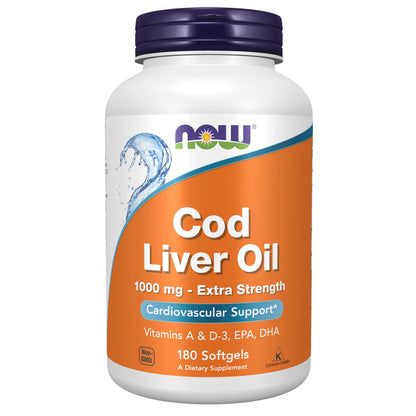 NOW Supplements, Cod Liver Oil, Extra Strength 1,000 mg with Vitamins A & D-3, EPA, DHA, 180 Softgels