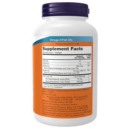 NOW Supplements, Cod Liver Oil, Extra Strength 1,000 mg with Vitamins A & D-3, EPA, DHA, 180 Softgels