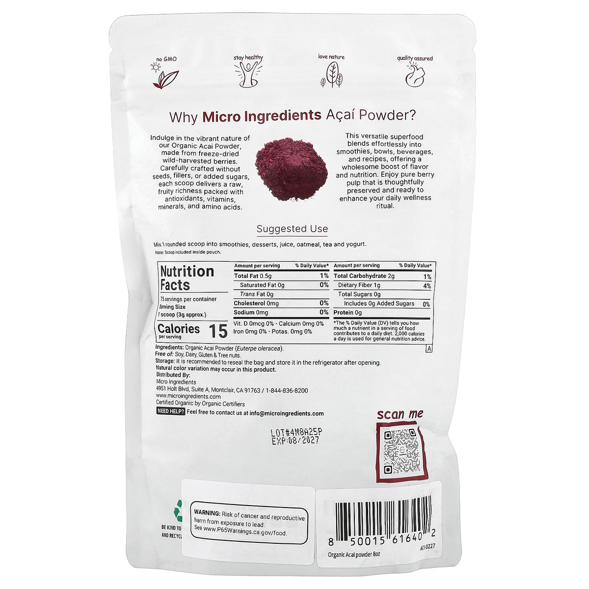 Micro Ingredients, Organic Acai Powder, Freeze Dried, 8 oz (227 g)