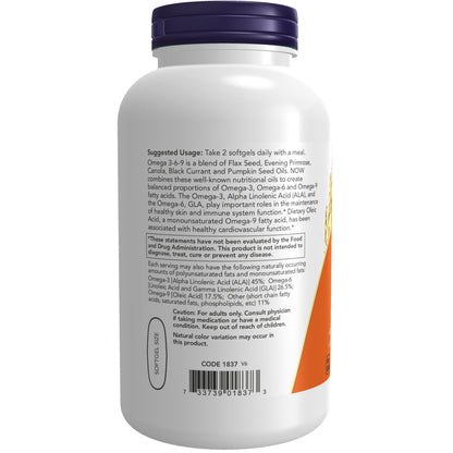 NOW Supplements, Omega 3-6-9 1000 mg with a blend of Flax Seed, Evening Primrose, Canola, Black Currant and Pumpkin Seed Oils, 250 Softgels