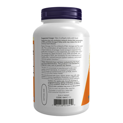 NOW Supplements, Super Omega 3-6-9 1200 mg with a blend of Fish, Borage and Flax Seed Oils, 180 Softgels